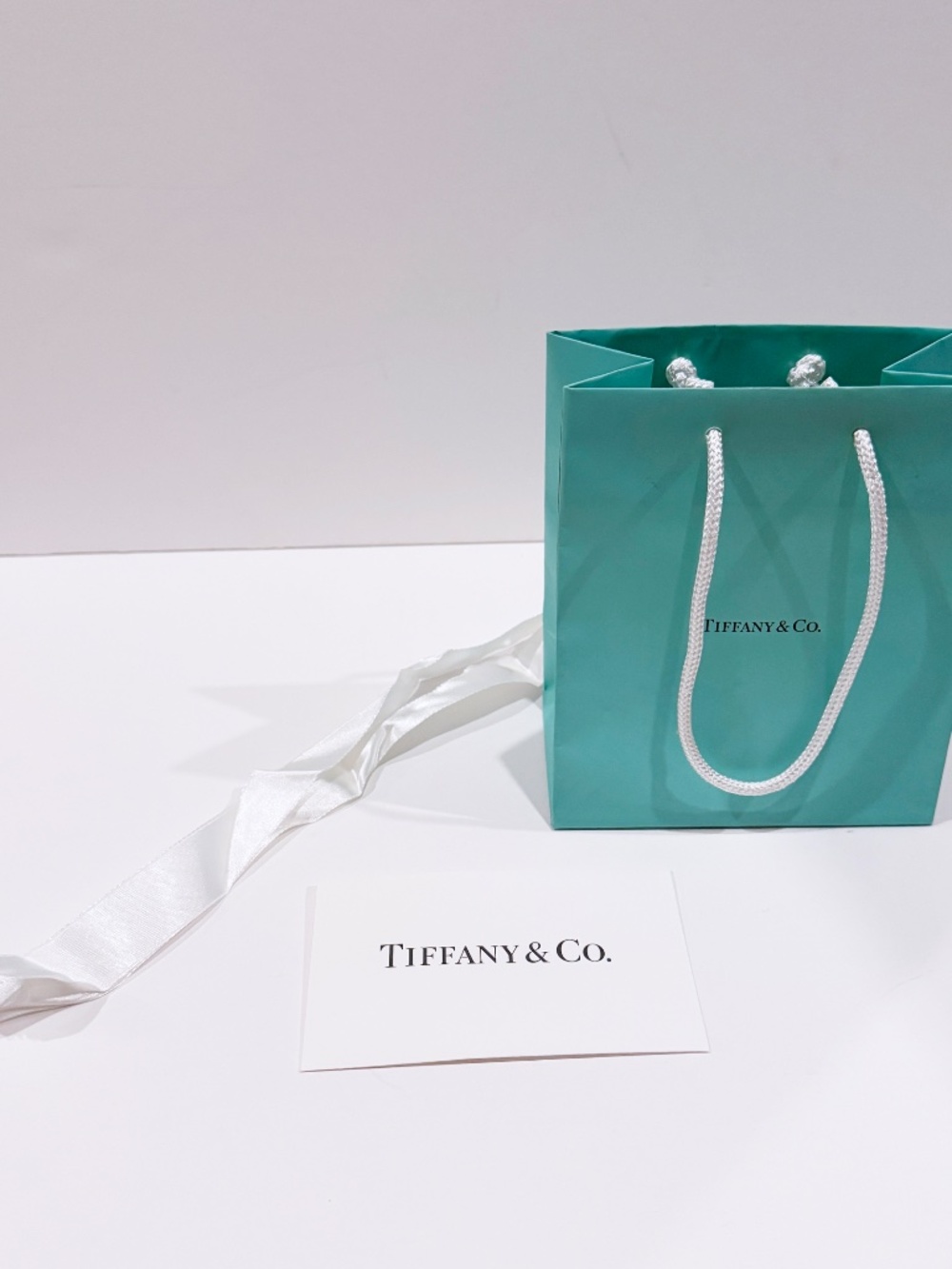 Authentic Tiffany & Co Blue Empty Gift Bag 6” x 5” x 3” + Card & White Ribbon